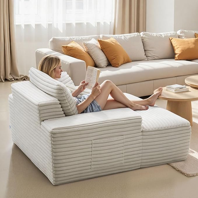 VEVOR Oversized Chaise Lounge Chair 54 Boneless Chaise Lounge Indoor Modern Upholstered Reading Chair with Throw Pillows &amp Armrests Sofa Couch Deep Seat Sleeper for Living Room Bedroom Beige