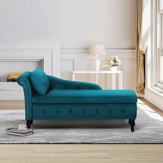 Upholstered Chaise Lounge with Left Armrest &amp Lumbar PillowButton Tufted Lounge Sofa with StorageLounge Chair IndoorModern Velvet Lounge Chair for Bedroom Living Room and OfficeTeal