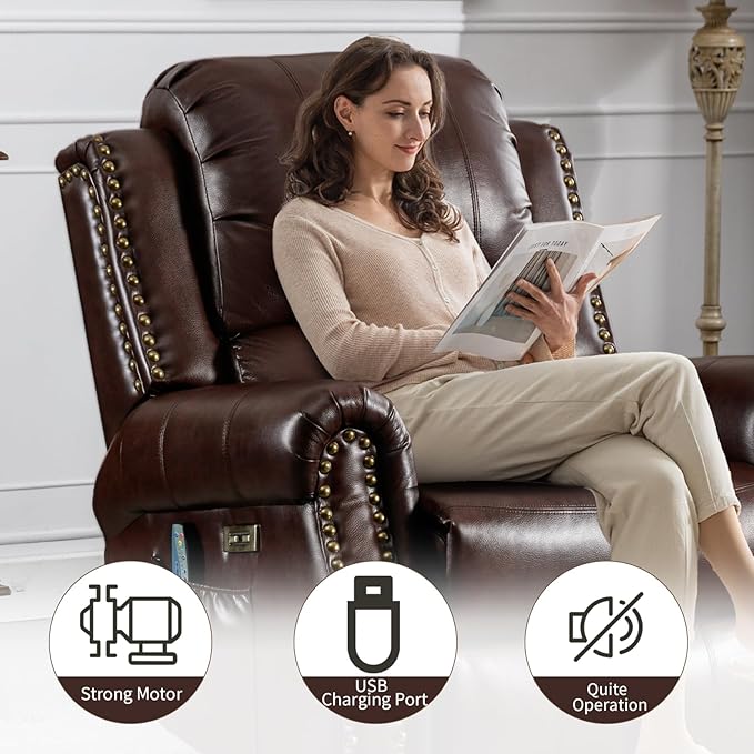 Classic Power Recliner Chair with Massage and Heat Breathable Faux Leather Electric Recliner with USB Port Overstuffed Reclining Sofa with Rivets for Living Room Caramel Brown