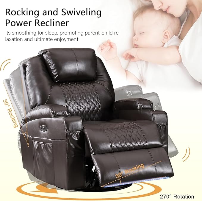 Power Swivel Rocker Recliner Chair with Vibration Massage 270° Swivel &amp LED Lights Electric Glider Reclining Sofa USB A/C Ports &amp Storage Pocket for Living Room (1 Brown)