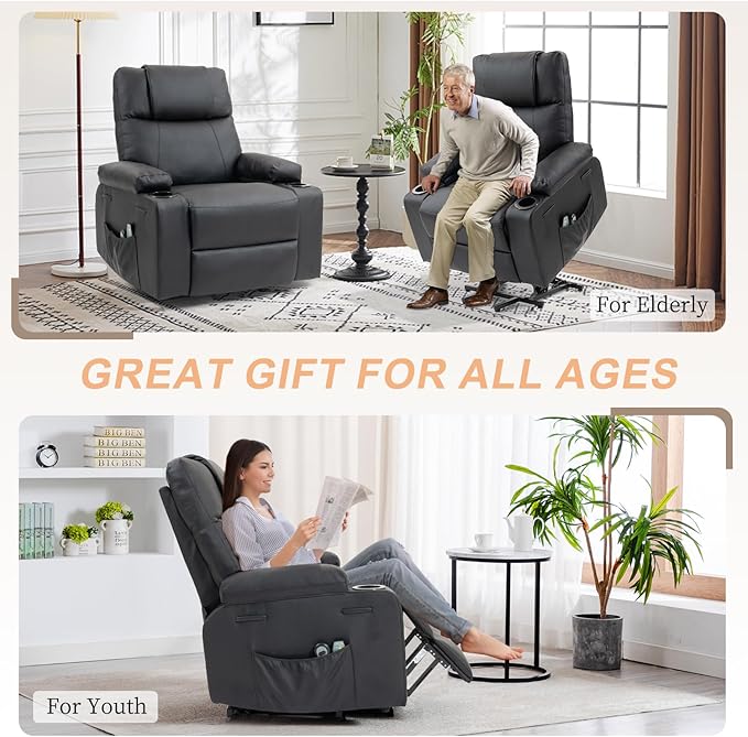 Power Lift Recliner Sofa Chair Electric Stand Assit for Elderly People Leather Reclining Chair with Cup Holders Massage &amp Heat Functions Living Room or Bedroom Furniture for Resting Black