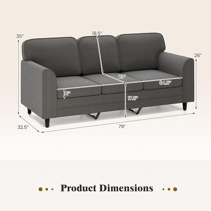 Giantex 3 Seater Couch - 79” Mid Century Modern Upholstered Sofa with Armrests Sturdy Legs Teddy Fleece Comfy Couches for Living Room Bedroom Small Space Apartment and Office (Gray)