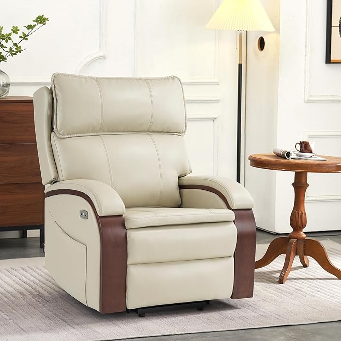 MCombo Power Lift Recliner Chair Sofa with Massage and Heat Adjustable Headrest for Elderly People Solid Wood Armrest USB Ports Side Pockets Faux Leather 7917 (Cream White Medium)