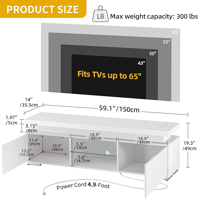 DWVO White Modern TV Stand with LED Lights and Power Outlet Modern Entertainment Center for 55/60/65 Inch Media Console Table TV Cabinet with Storage Universal TV Stand for Living RoomWhite