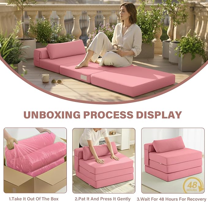Tiita Folding Sofa Bed Chair 4-Fold Convertible Sleeper Chair with Lumbar Pillow Washable Cover &amp Side Pocket Floor Couch Bed with Raised Seat Single Size for Small Spaces Pink