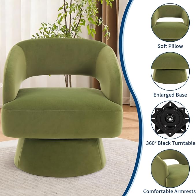 Swivel Barrel Chair - Velvet Upholstered Modern Armchair with Striped Backrest &amp Plush Padding Round Lounge Chair for Living Room Bedroom (Green-Openwork-(2 Pcs))
