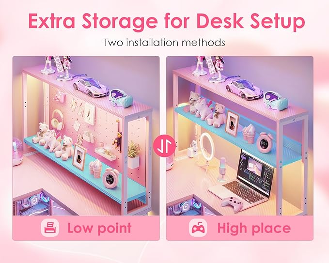 AODK L Shaped Desk Gaming Desk with LED Light &amp Power Outlet 53 Inch Reversible L Shaped Computer Table with Shelf &amp Storage Bag &amp Hook for Home Office Pink