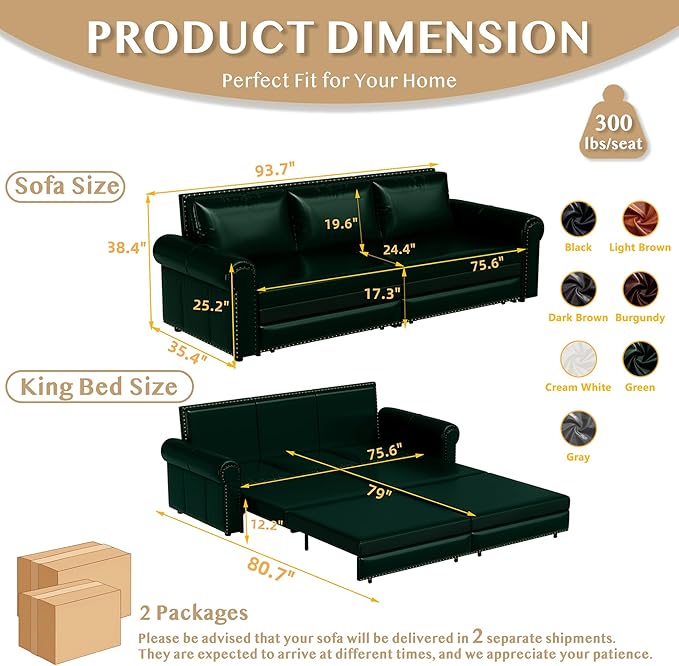 93.7 King Size Sleeper Sofa Bed Pull Out Sofa Bed Faux Leather Upholstery 3 in 1 Convertible Sleeper Couch Chaise Lounge Retro Recliner for Living Room Office Apartment Green
