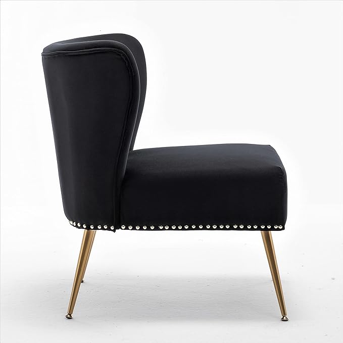Thia Armless Velvet Accent Chair for Living Room Elegant Seat with Nailhead Trim Gold Metal Legs and Comfortable Curved Back 28 D x 25 W x 29.5 H Black