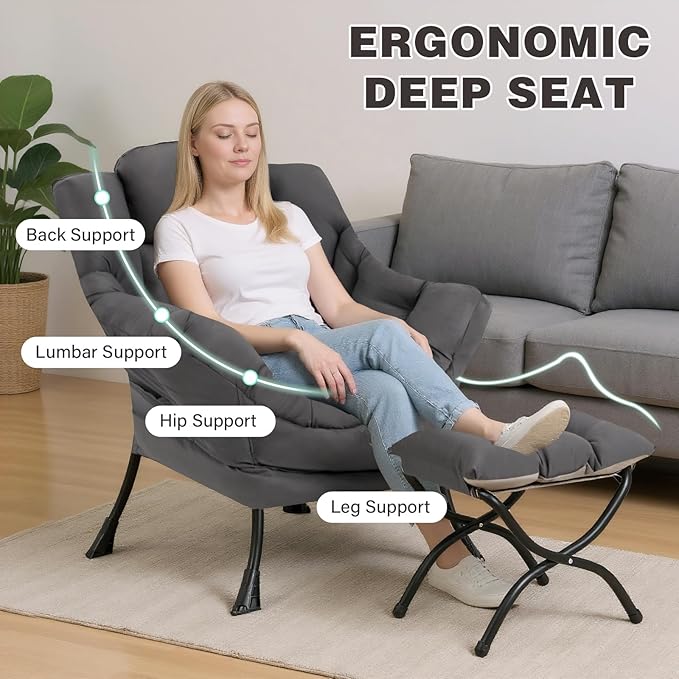 Lazy Chair with Ottoman Modern Accent Chair Contemporary Sofa Chair with Armrests Reading Chair and Folding Footstool Set for Living Room Bedroom Office Dark Grey