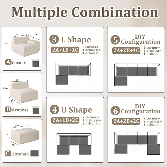 108 Cloud Sectional Couch Comfort U Shaped Boneless Couch for Living Room Extra Deep Seats No Assembly Minimalist Modular Sofa Corduroy (Off-White U-Shaped:3+2)