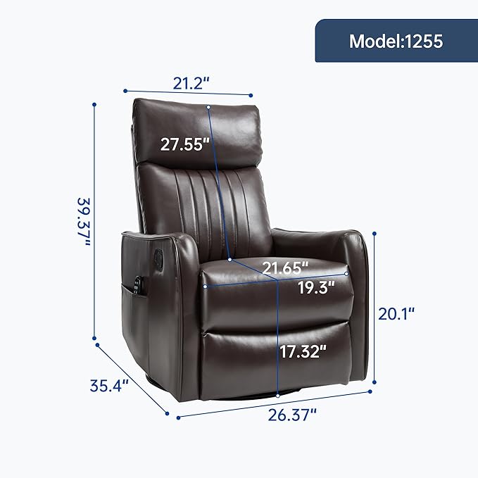 PELUMY 360 Swivel Rocking Recliner Chair for Adults Nursery Rocking Chair with Heat and Massage Glider Reclining Chair for Small Space Living Room Bedroom (Breathable Leather Dark Brown)
