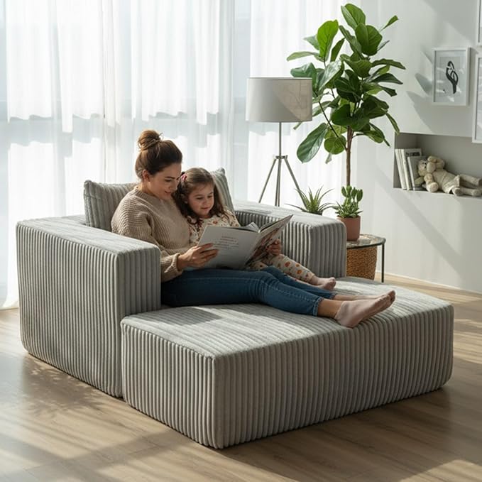 50.98'' Corduroy Boneless Couch with Square Armrests and 2 Cushions Modern Luxury Compressed Sofa Couch with Movable Ottoman No Assembly Required Living Room Apartment HotelSmoke Grey