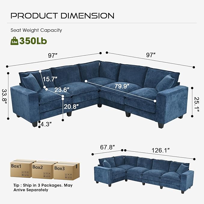 97 L Shaped Couch Corner Sofa 5 Seater Oversized Cloud Couch with 2 Pillows Chenille Modular Sectional Sofa Armrests with Two Hidden Storage Space Sectional Couches for Living Room Dark Blue