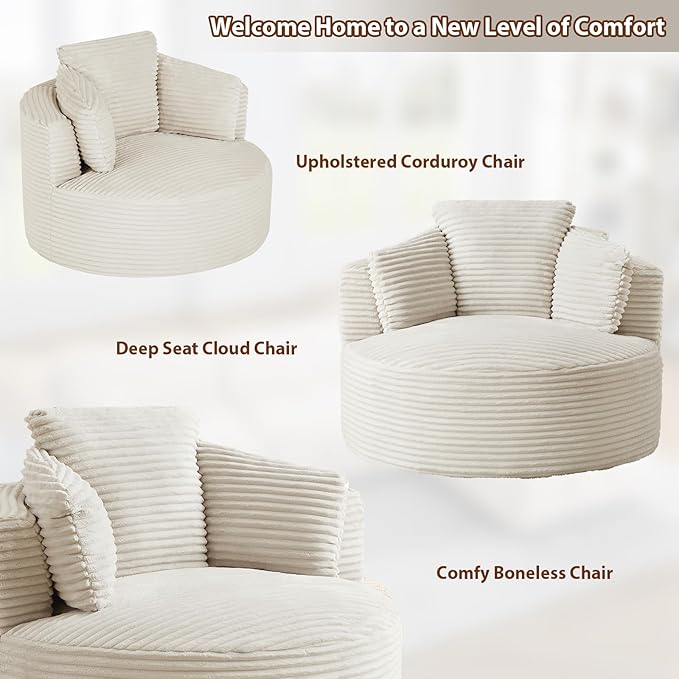 Round Chair Lounge Chaise Indoor 48.8 Oversized Sofa Chair Upholstered Corduroy Deep Seat Sleeper Sofa Bed No Assembly Required for Living Room Bedroom Apartment White