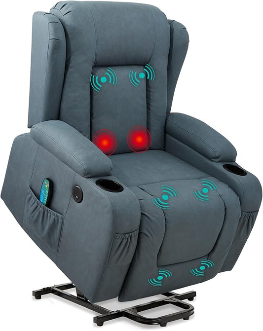 Best Choice Products PU Leather Electric Power Lift Chair Recliner Massage Chair Adjustable Furniture for Back Legs w/ 3 Positions USB Port Heat Cupholders Easy-to-Reach Side Button - Blue