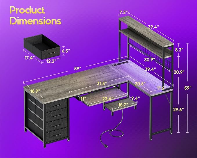 AODK 59 Inch L Shaped Desk with 4 Drawers Gaming Desk with Led Lights &amp Power Outlets Computer Desk with Pegboard &amp Keyboard Tray Reverisble Home Office Desk with Storage Shelves &amp CPU