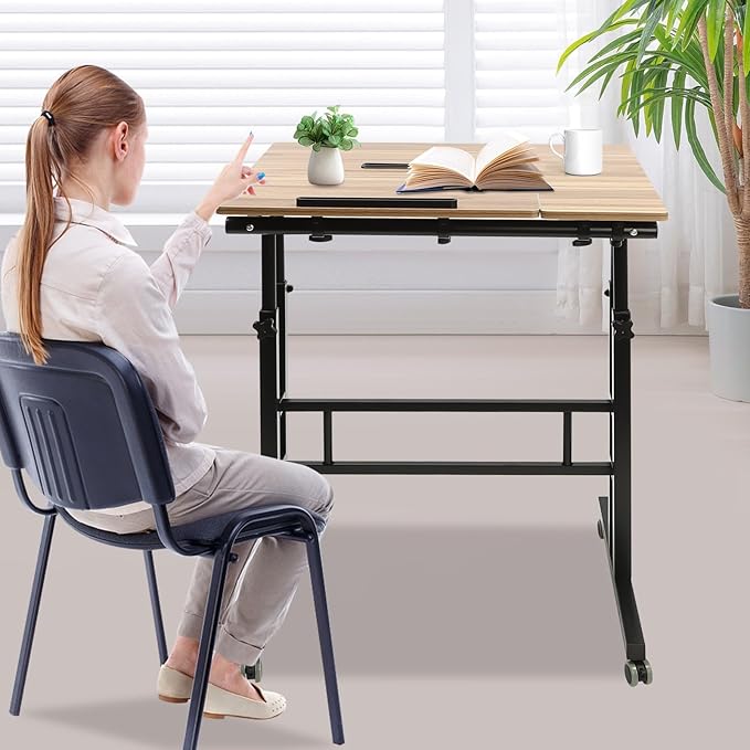 Mobile Stand Up Desk Height Adjustable Home Office Desk Rolling Laptop Cart Sit (Iron Brown)