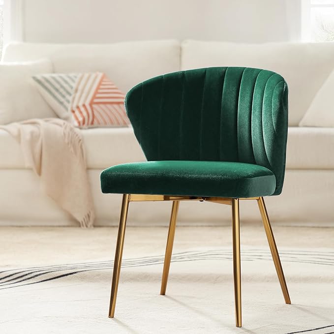 HULALA HOME Dining Chairs Set of 2 Velvet Upholstered Kitchen &amp Dining Room Chairs with Metal Legs Vanity Chair Armless Side Chairs for Living Room Bedroom Makeup Room Channel Curved Backrest Gr
