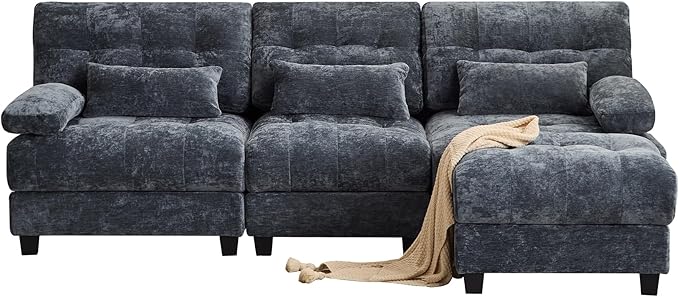 93 3+1 Seater Sofa with Ottoman - 4-Position Adjustable Backrest 350lb/Seat Soft Chenille Fabric 3 Throw Pillows Easy Assembly (Blue)