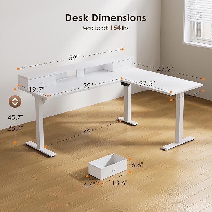 Casaottima 59 Inch Electric L-Shaped Standing Desk with Drawers Height Adjustable Stand Up Corner Desk with Monitor Stand Lift Table for Home Office Workstation White
