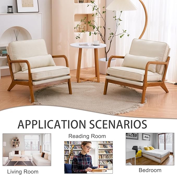 Mid Century Modern Accent Chair with Wood Frame Upholstered Lounge Linen Fabric Armchair Comfy Reading Leisure Chair with Cushion for Living Room Bedroom Balcony Beige