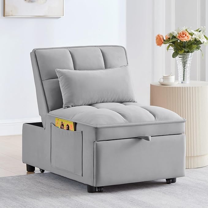 KEIKI Velvet Single Convertible Sleeper Chair Sofa Bed with Adjustable Backrest Pillows &amp Storage Pockets 3 in 1 Pull-Out Couch Chaise Lounge Recliner for Living Room Balcony Bedroom Grey
