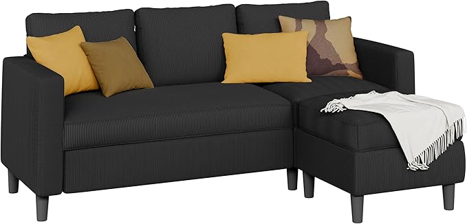 Shintenchi Convertible Sectional Sofa CouchL-Shaped Modular Sofas with Reversible Ottoman3-Seat Upholstered Corduroy Sofa CouchSmall Couches for ApartmentLiving Room and Office(Black)