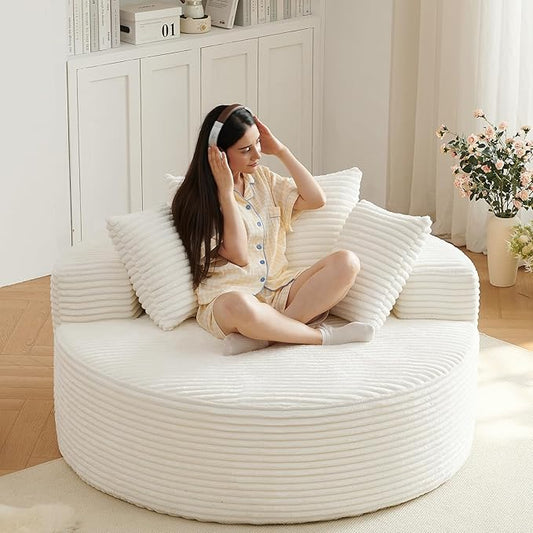 55'' Oversized Round Chair Lounge Chaise Indoor Cloud Boneless Large Circle Chair with Plush Corduroy No Assembly Required Fluffy Modern Sleeper Sofa Bed for Reading Living Room Bedroom(White)
