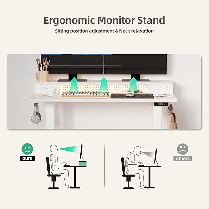 Claiks Electric Standing Desk with Shelf 55 Inch Height Adjustable Standing Desk with LED Lights &amp Monitor Stand White Frame/White Top