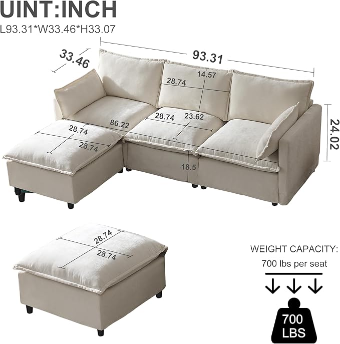 93.31 Inch L-Shaped Couch Sofa with Movable Ottoman Modular Sectional Sofa with 4 Seats and Pillows for Living Room Modern Chenille Fabric Large Comfy Cloud Couch DIY Combination (Beige-93inch)