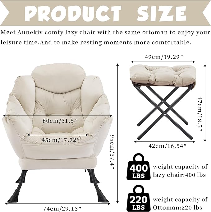 Lazy Chair with Ottoman Comfy Accent Lounge Chair with Side Pocket Modern Reading Armchair with Footrest Upholstered Sofa Chair for Small Spaces Bedroom Living Room Dorm Beige