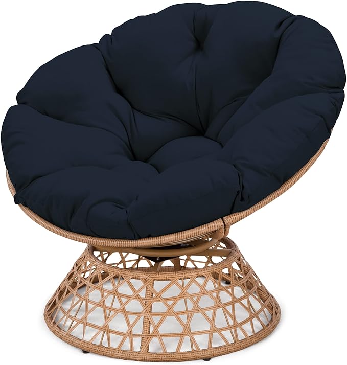 38'' 360 Degree Swivel Wicker Papasan Chair with Cushion and Base - Thickened Rattan Swivel Papasan Chair with Soft Cushion and Durable Frame Oversized Reading Chair for Living Room Dark Blue