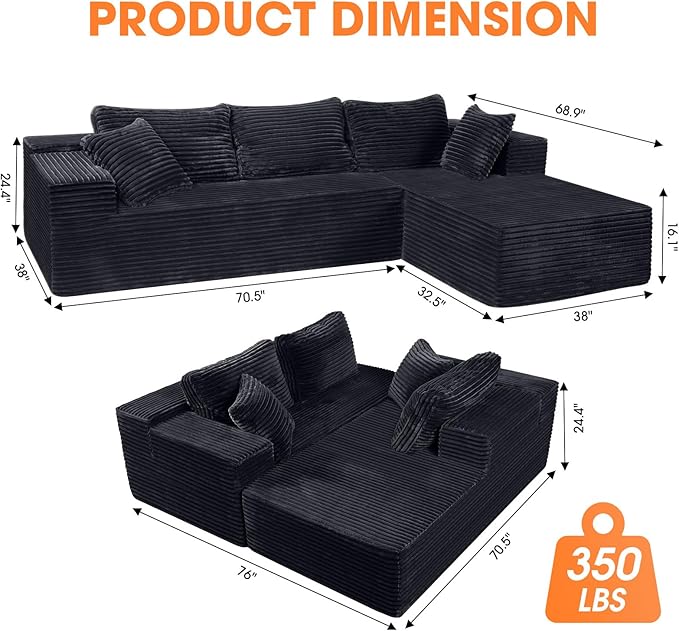 108” Modular Sectional Sofa Couches Oversized L-Shape Cloud Couch with Deep Seat Comfy Memory Foam Modern Boneless Couch for Living Room No Assembly Required