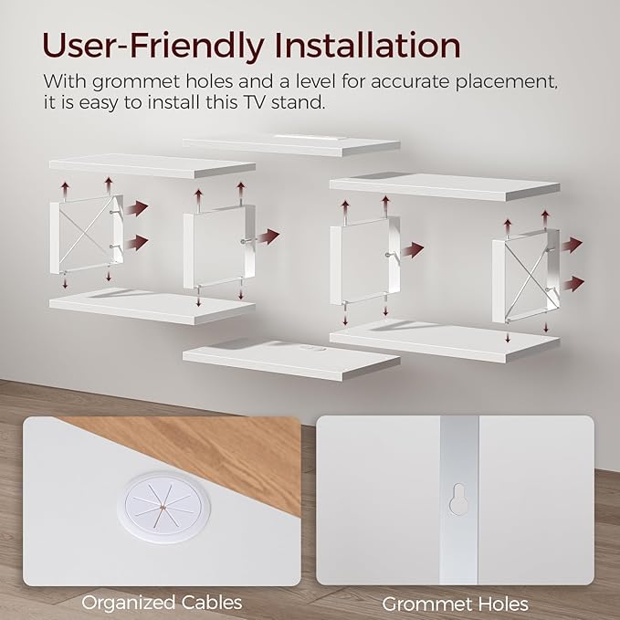 62.5 Floating TV Stand with Power Outlet Wall-Mounted Entertainment Center for 75 inch TVs Floating Media Console Shelf for Under TV Storage for Living Room Bedroom White TVWT102E01