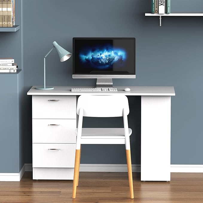 47-inch Computer Gaming Desk with Bookcase Combo Home Office Desks with 3 Drawers and Storage Shelf Wood Craft Study Table Workstation for BedroomWhite