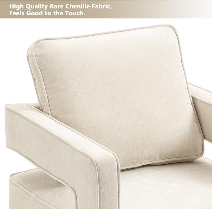 Betoko Swivel Accent Barrel ChairModern Open Back Armchair with Gold Metal BaseChenille Upholstered Club Chair with Pillow for Living Room (Beige)