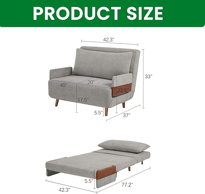 3-in-1 Convertible Sofa Bed Futon Loveseat Couch with Pillow Adjustable Backrest &amp Removable Armrests Recliner Sleeper Sofa for Small Spaces Living Room Bedroom or Office Medium Grey