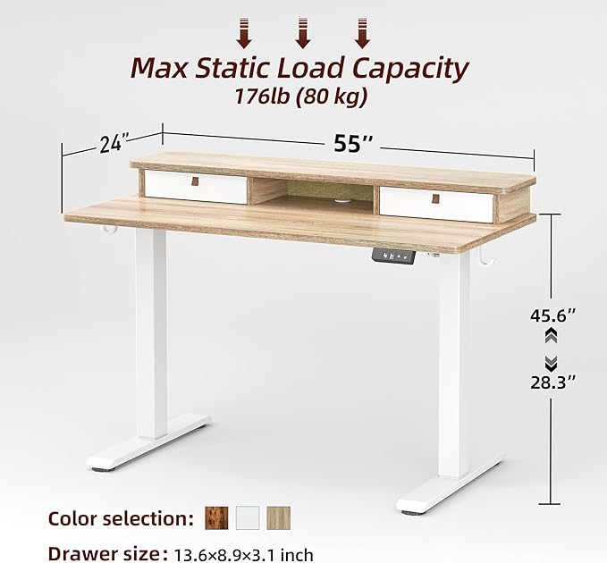 TIQLAB Standing Desk with Two Drawers Stand Up Standing Desk Adjustable Height Electric Sit Stand Table with Storage Shelf and Splice Board 55 * 24 inch Maple
