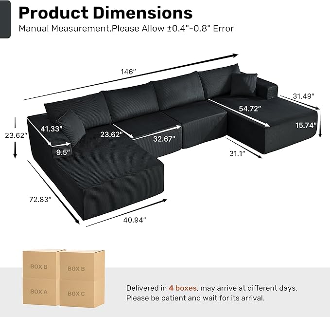 Modular Sectional Sofa146 U-Shaped Boneless Sofa for Living RoomOversized 4-Seater Deep Seat Cloud CouchesCorduroy Upholstered Corner Sofa CouchNo Assembly RequiredBlack