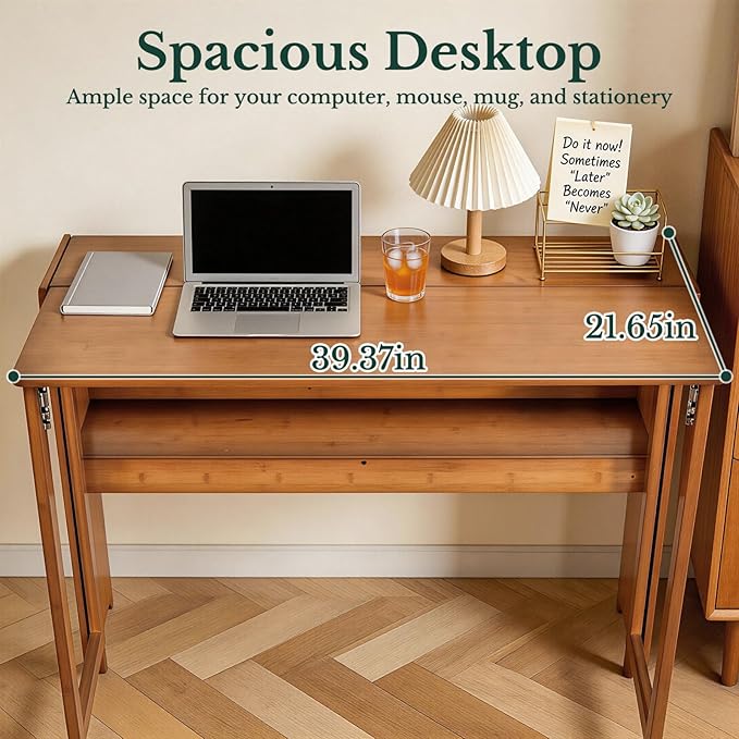 41'' Bamboo Folding Desk with Bookshelf Space-Saving Computer Desk Mid Century Modern Foldable Study Table for Home Office Bedroom Small Spaces - Brown