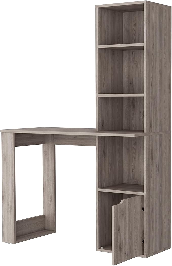Home Office Desk Computer Desk with 4-Tier Bookcase and 1-Door Cabinet Gray