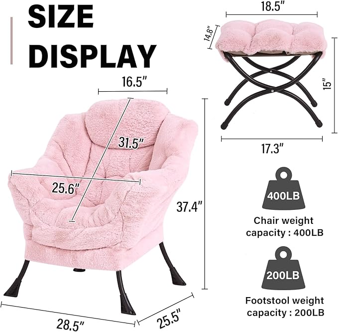 Lazy Chair with Ottoman Modern Accent Chair Lounge Leisure Sofa Chair with Armrests Reading Chair and Folding Footstool for Living Room Bedroom Office Plush Pink