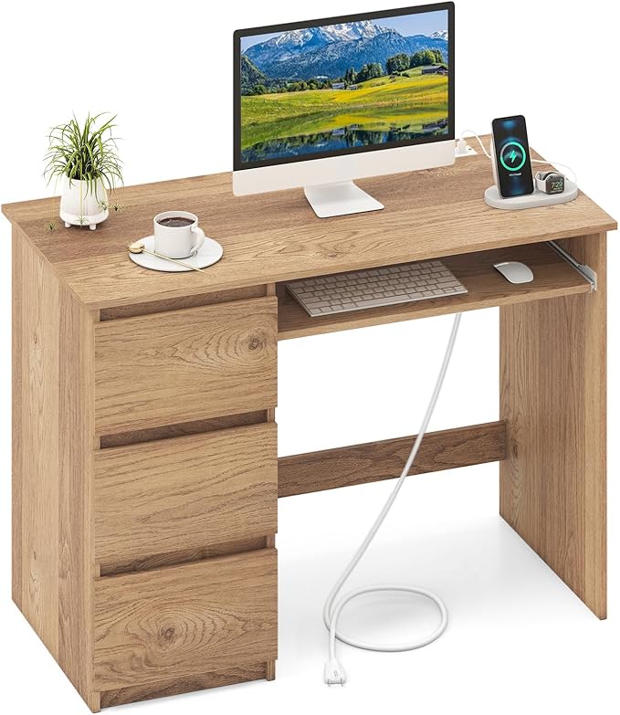 GOFLAME Computer Desk with 3 Drawers &amp Charging Station 42” Home Office Desk with Storage &amp Keyboard Tray Writing Desk PC Workstation Vanity Table (Natural)