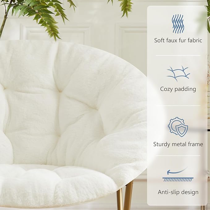 DUMOS Comfy Saucer Chair Faux Fur Lounge Seasting XL Circle Chair for Bedroom Dorm &amp Gaming Foldable Fashion Accent Seat for Small Spaces Folding Moon/Mushroom/Round Oversized StyleWhite