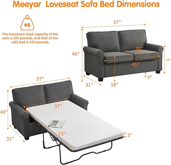 57 Pull Out Sofa Bed with Mattress Convertible Sofa Bed Loveseat Twin Sleeper Sofa Couch with Pocketed Coil Seating Upholstered Fabric Sofa Bed for Small SpacesGrey | sofa bed futon sofa bed so
