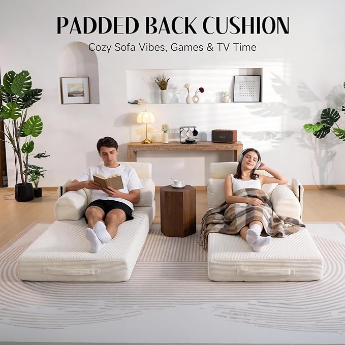 Upgrade Sofa Bed Convertible Boneless Couch for Small Spaces with High Backrest Design Fixed-Shape Frame &amp Removable Armrests and Backrest 2 Corduroy Pillow No Assembly Beige