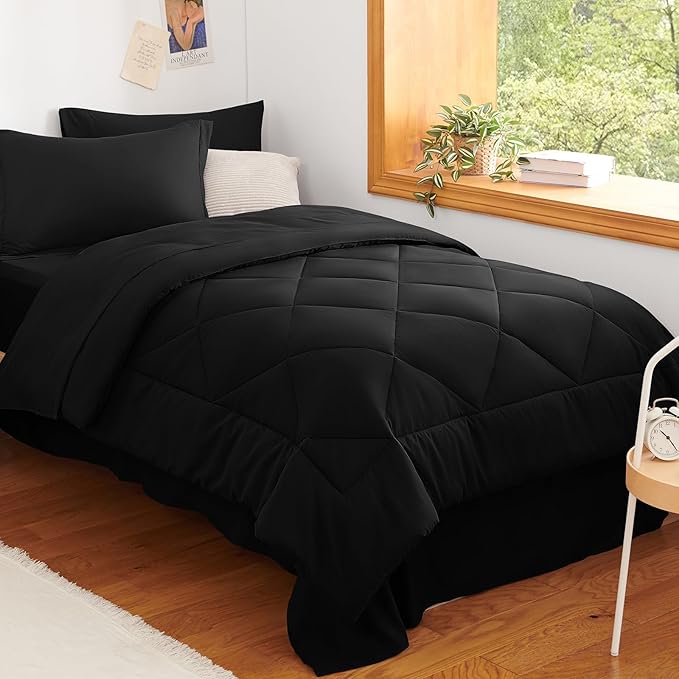 CozyLux Twin XL Comforter Set Black - 5 Pieces Twin Extra Long Bed in a Bag for College Dorm All Season Bedding Set for Girls and Boys Soft Bed Set with Comforter Sheets Pillowcase &amp Sham