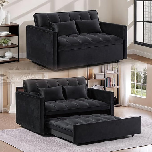 3 in 1 Convertible Sleeper Sofa Futon BedModern Velvet Pull Out Couch Bed with Reclining Backrest&amp2 Pillows54 Full Size Small Love Seat Lounge Couches for Small SpacesLiving Room (Black)