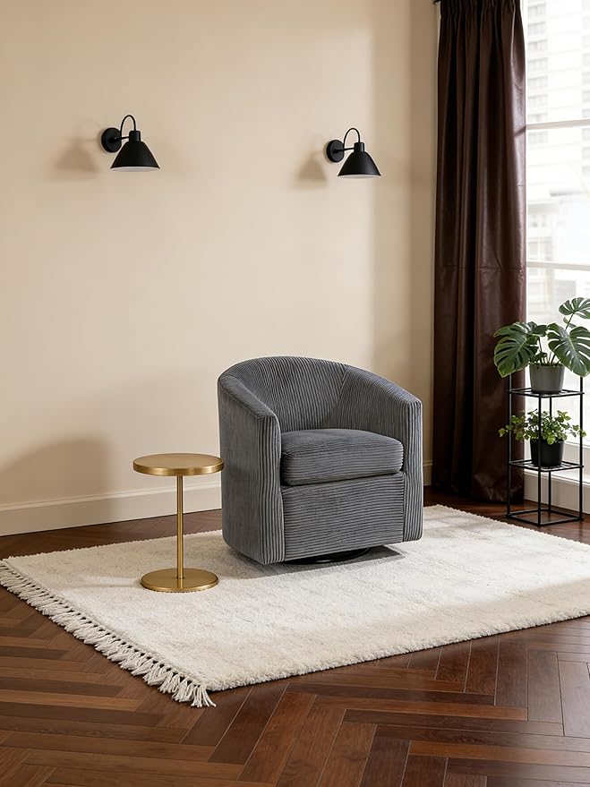 Corduroy Swivel Chair with U-Shaped Back 360° Rotating Accent Chair Fully Assembled Modern Barrel Chair for Living Room Bedroom Reading Nookc (Dark Grey)
